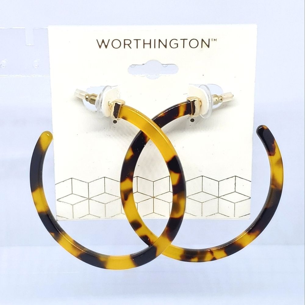 Worthington Faux Tortoise Hoop Earrings Tort Boho Bohemian Coastal NEW